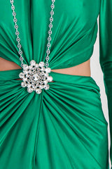 Draped cut-out maxi dress with crystal brooch