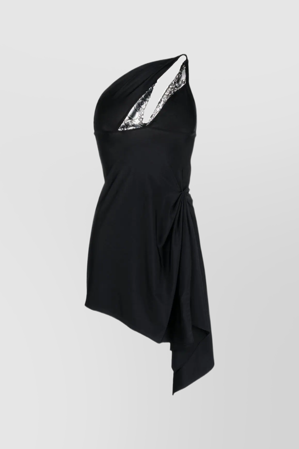 Black asymmetric jersey-lace mini dress