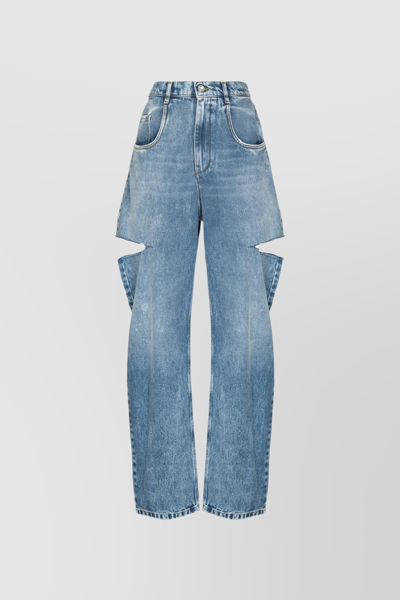 Maison Margiela - 5-pocket tapered wide leg cut out denim trousers in light blue