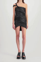 One shoulder mini dress embroidered with upcycled ties